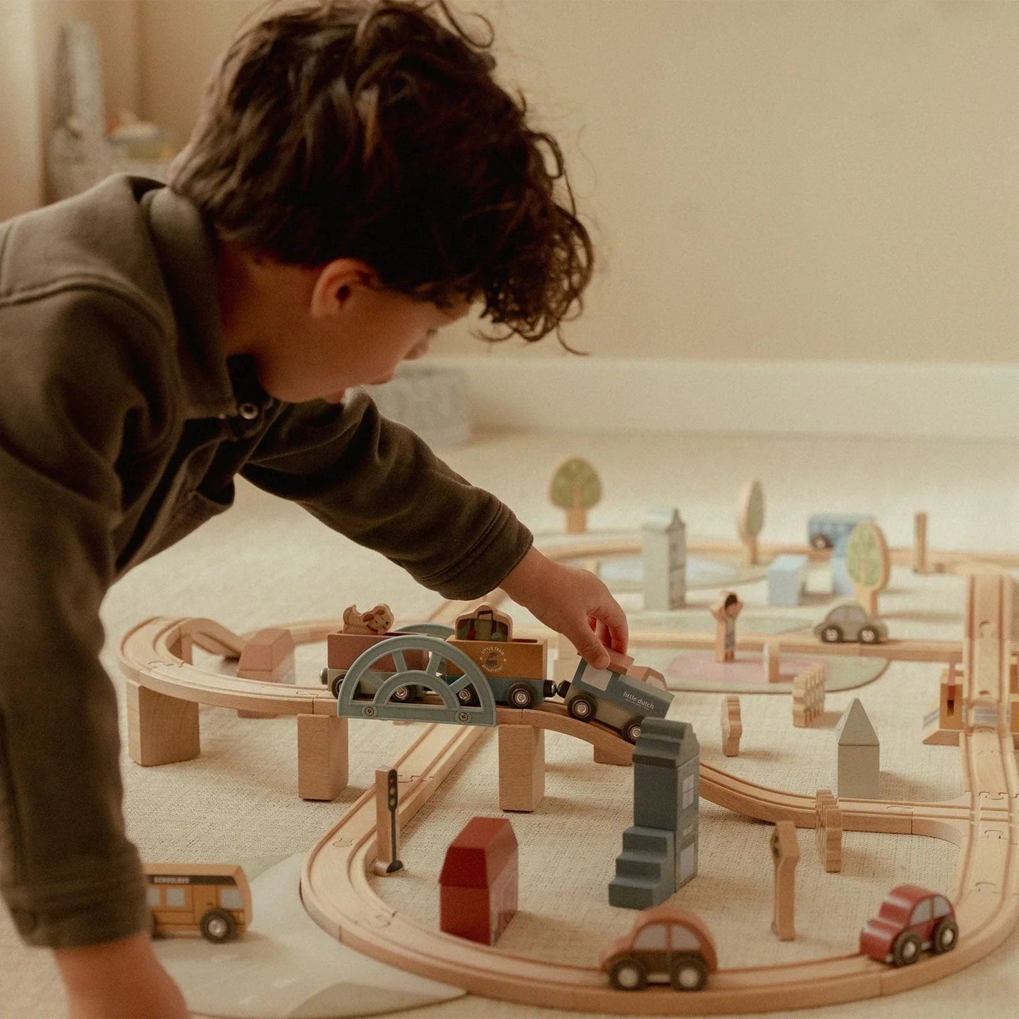 Little Dutch XL Train Track Set | Wooden Railway Playset with Bridges, Trains & Accessories